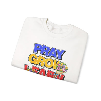 Sudadera con cuello redondo "Oración, Crecimiento, Aprendizaje, Repetición" — Jersey floral inspirador