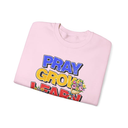 Sudadera con cuello redondo "Oración, Crecimiento, Aprendizaje, Repetición" — Jersey floral inspirador