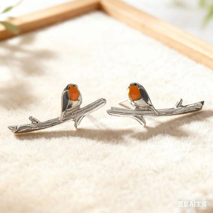Retro Colorful Little Bird Oil-drip Earrings
