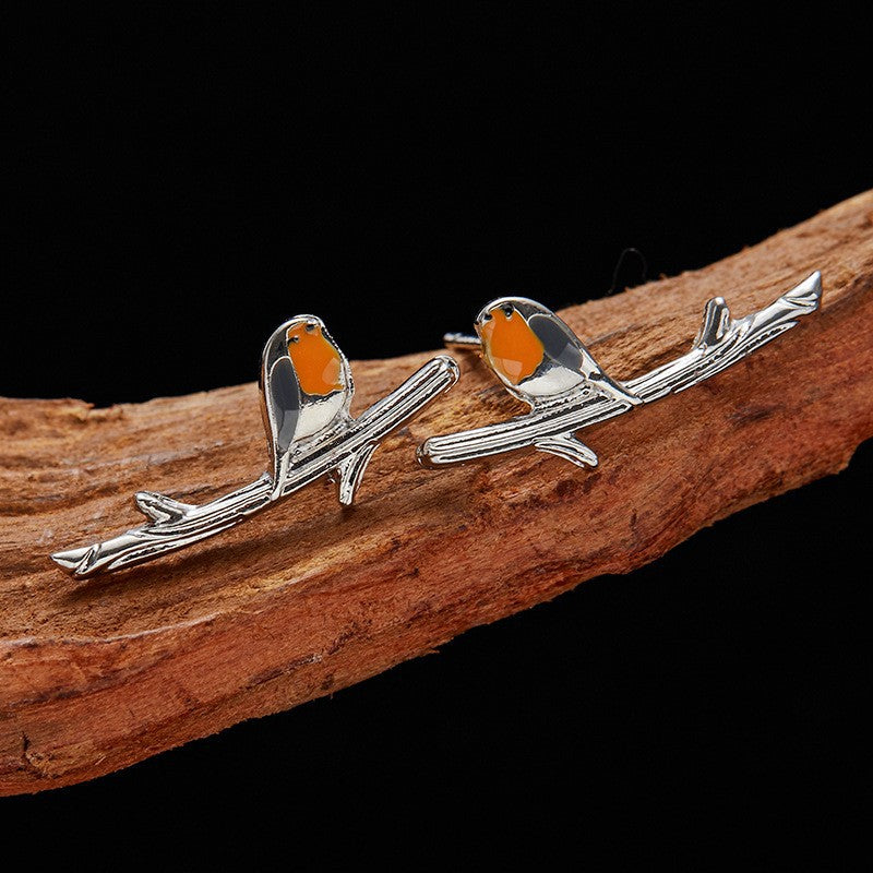 Retro Colorful Little Bird Oil-drip Earrings
