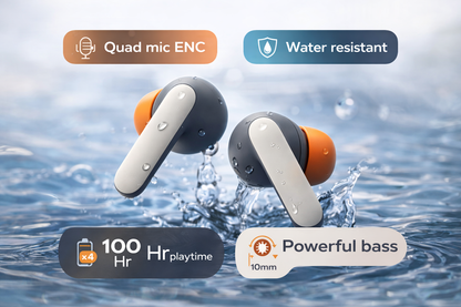 Auriculares inalámbricos premium con llamadas ENC, resistentes a salpicaduras, Smart Touch y batería de larga duración.